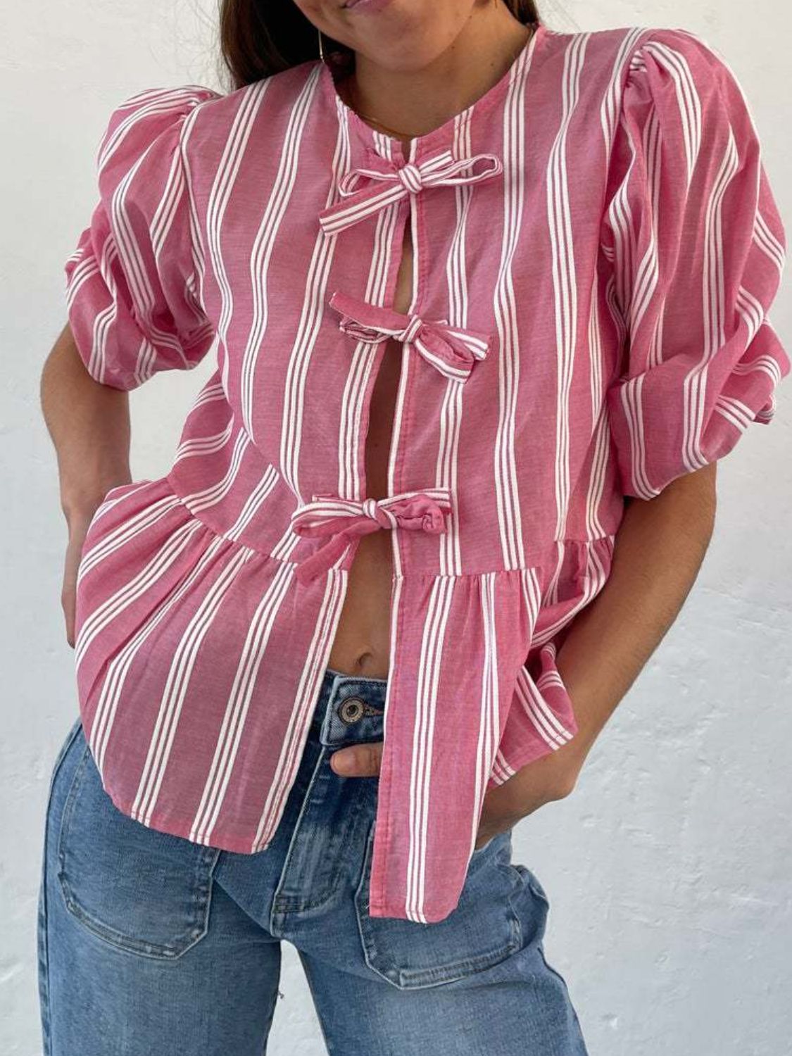 Tied Round Neck Balloon Sleeve Shirt - Classique Collection