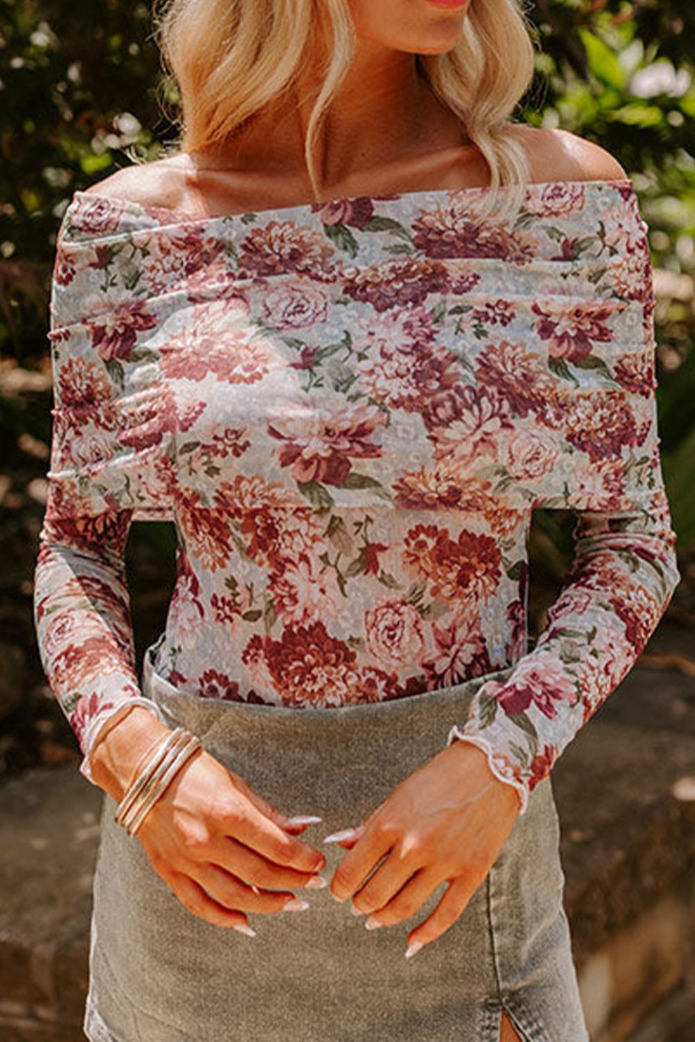 Floral Off-Shoulder Long Sleeve Bodysuit - Classique Collection