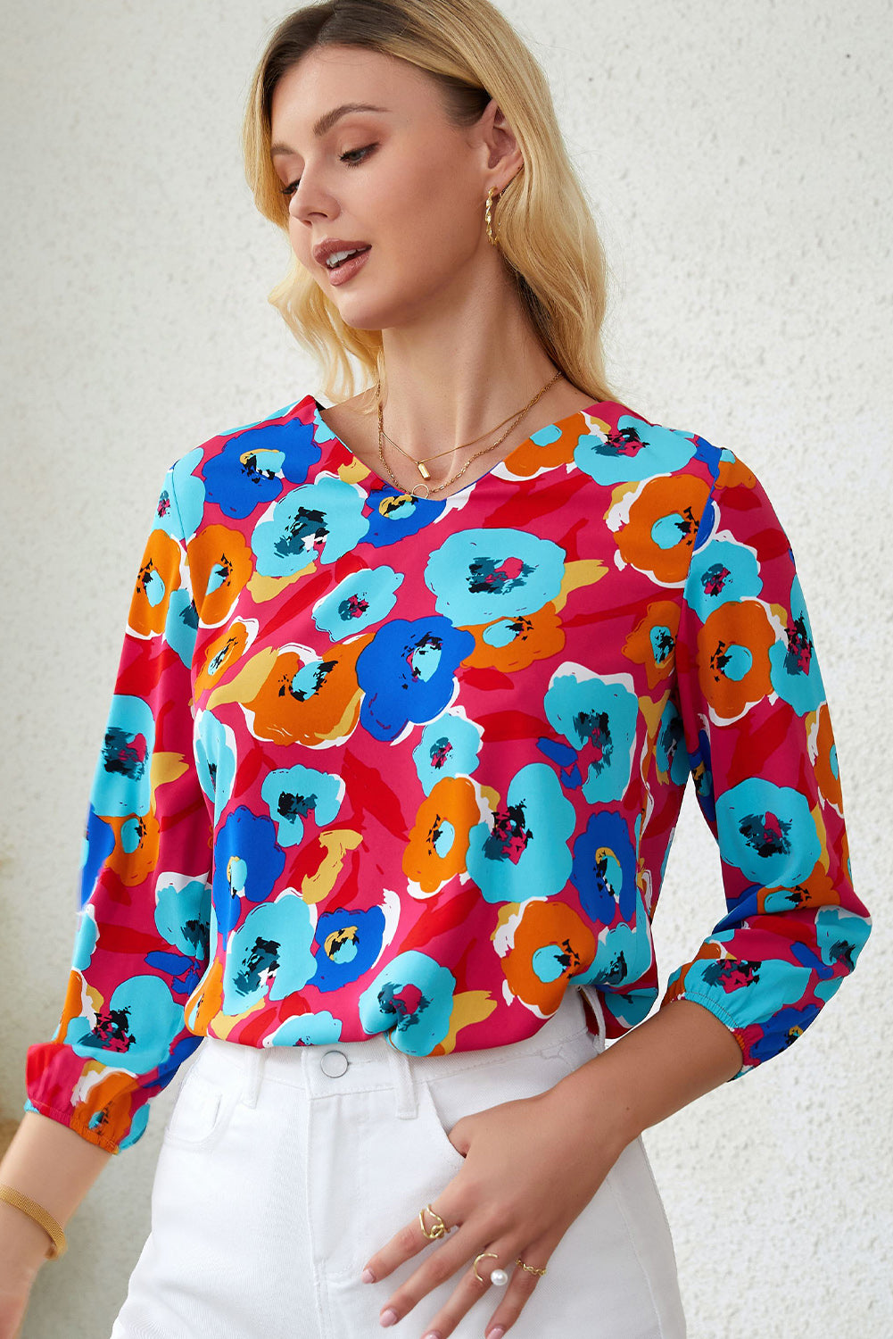Floral V-Neck Three-Quarter Sleeve Top - Classique Collection