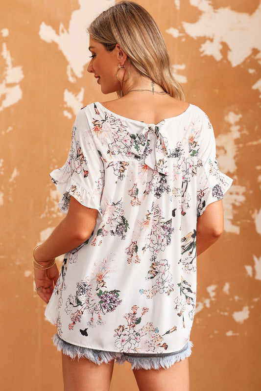 Floral Boat Neck Flounce Sleeve Blouse - Classique Collection