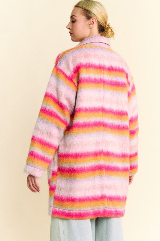 Davi & Dani Contrast Striped Open Front Coat with Pockets - Classique Collection