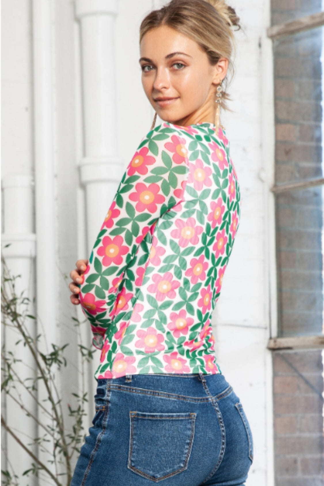 Floral Round Neck Long Sleeve Top - Classique Collection