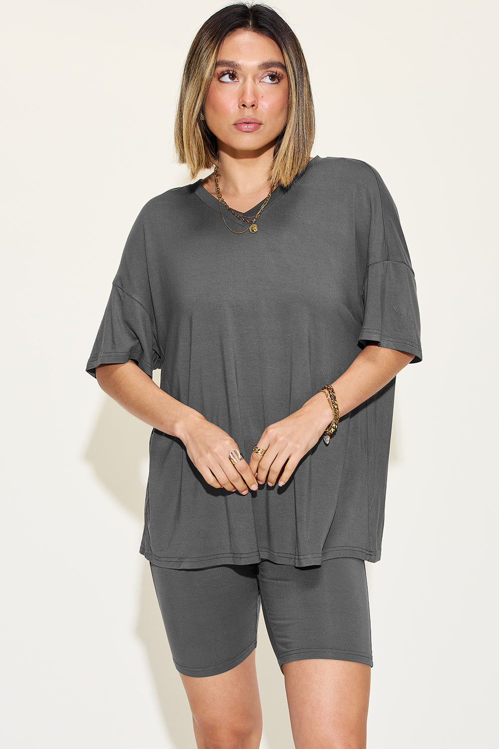 Basic Bae Full Size V-Neck Drop Shoulder T-Shirt and Shorts Set - ClassiQ