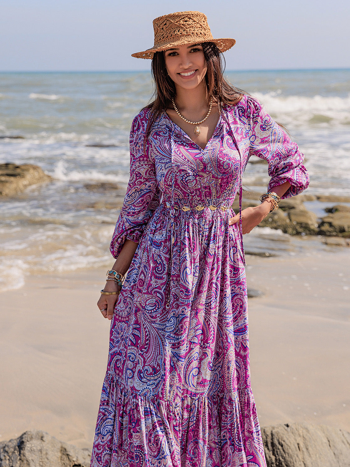 Printed Tie Neck Balloon Sleeve Maxi Dress - Classique Collection