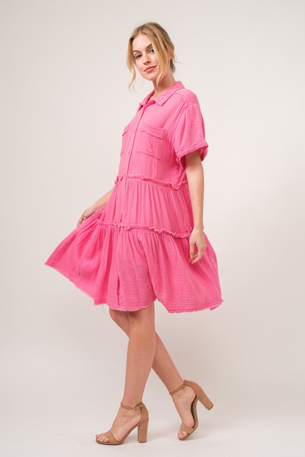And The Why Full Size Raw Edge Washed Tiered Shirt Dress - Classique Collection