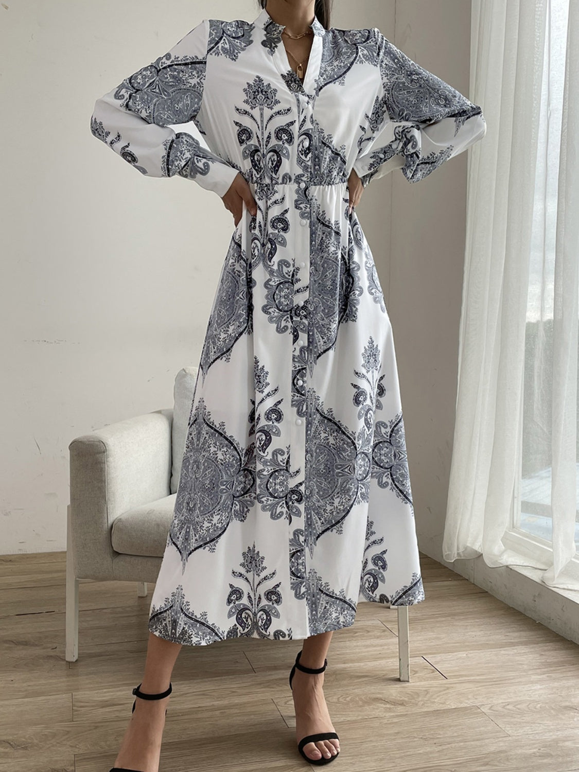 Printed Notched Lantern Sleeve Midi Dress - Classique Collection