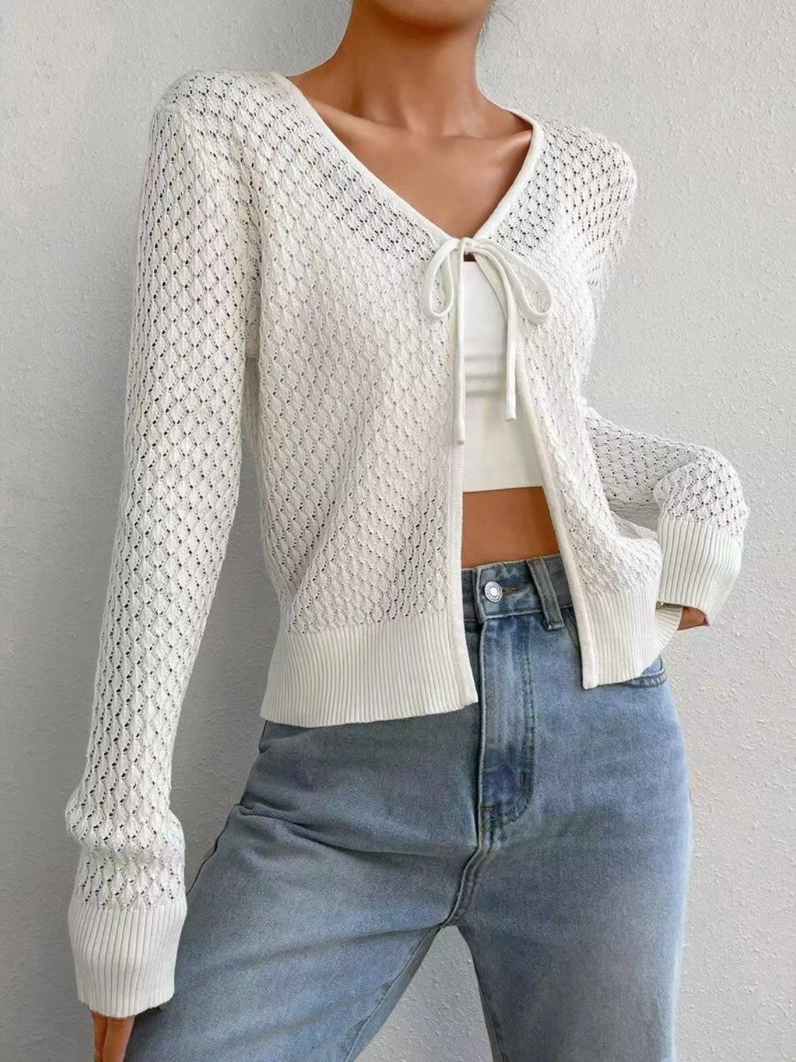 Tied Openwork V-Neck Long Sleeve Cardigan - ClassiQ