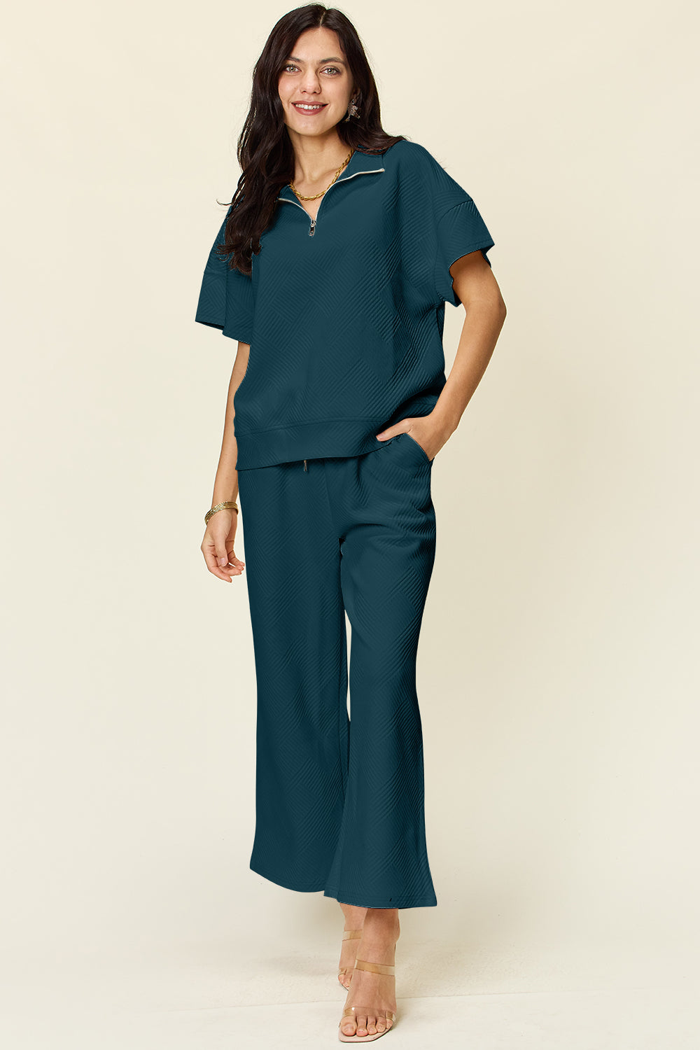 Double Take Full Size Texture Half Zip Short Sleeve Top and Pants Set - ClassiQ