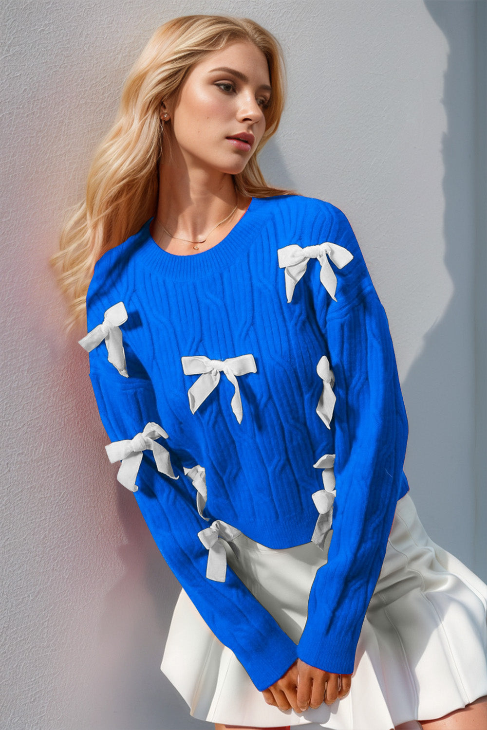 Double Take Full Size Bow Cable-Knit Round Neck Sweater - ClassiQ