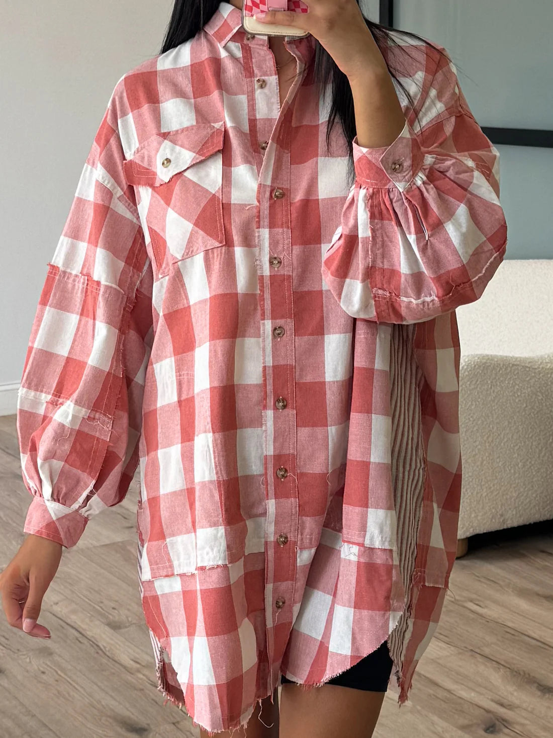 Plaid Collared Neck Long Sleeve Shirt Dress - Classique Collection