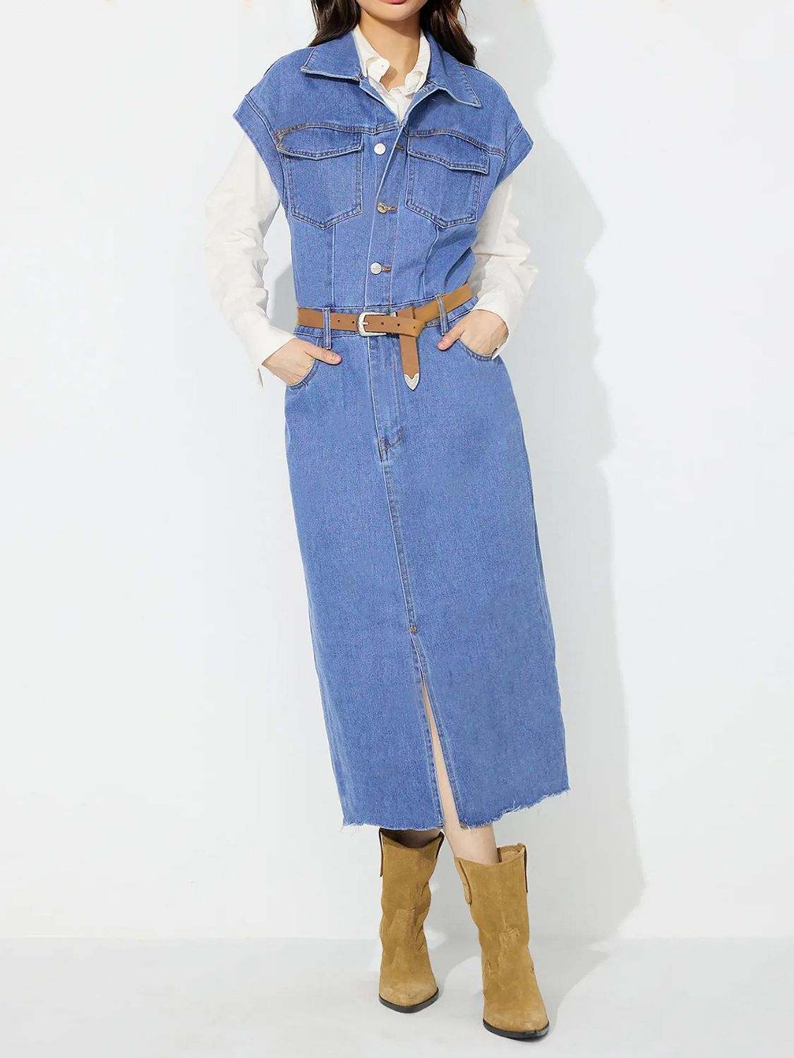 Slit Half Button Collared Neck Cap Sleeve Denim Dress - Classique Collection