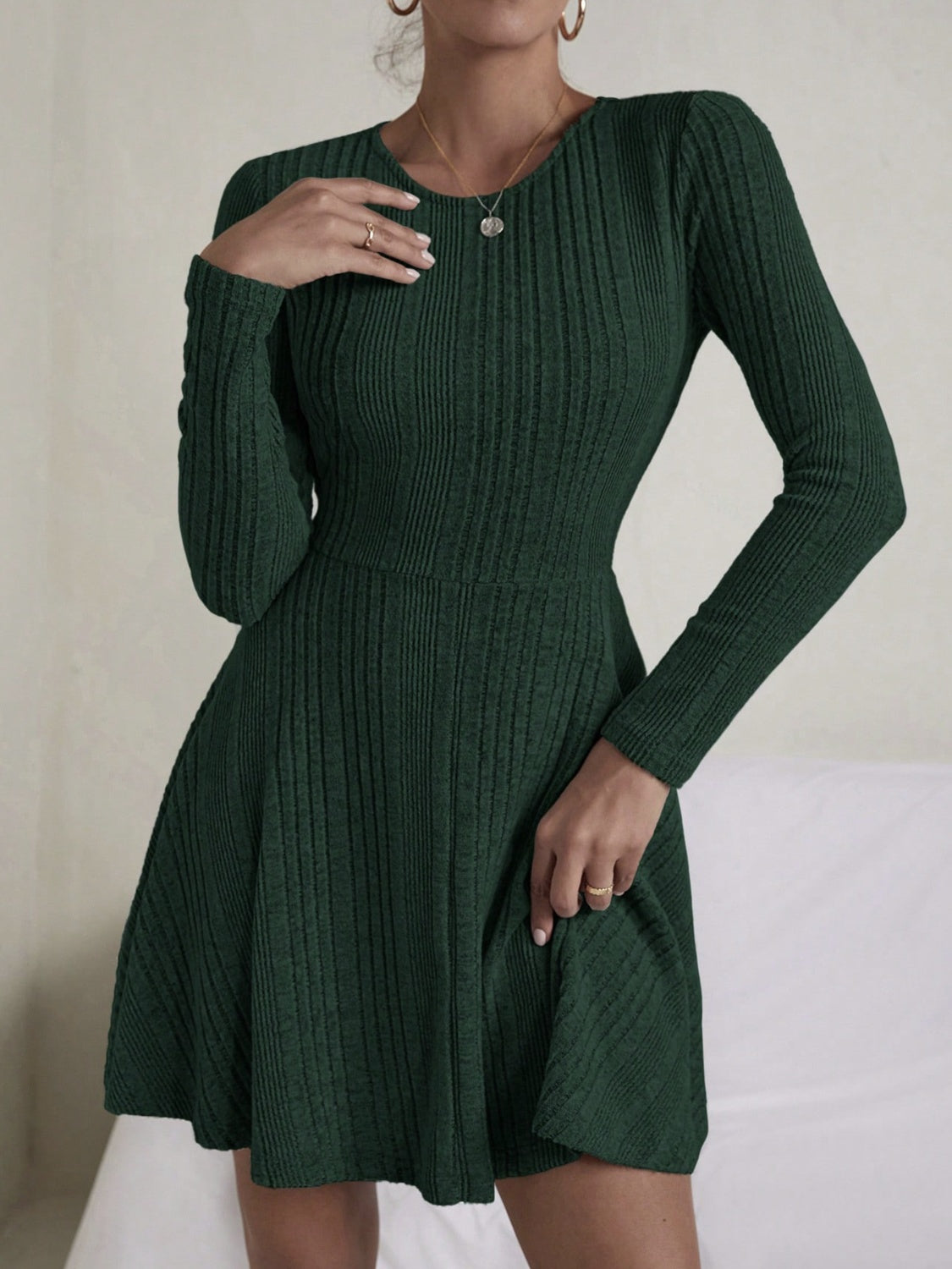 Textured Round Neck Long Sleeve Dress - Classique Collection