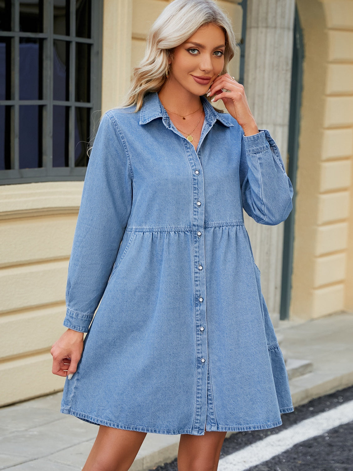 Tiered Button Up Long Sleeve Denim Dress - Classique Collection
