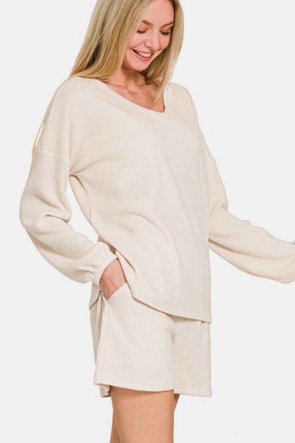 Zenana V-Neck Long Sleeve Ribbed Top and Shorts Set - ClassiQ