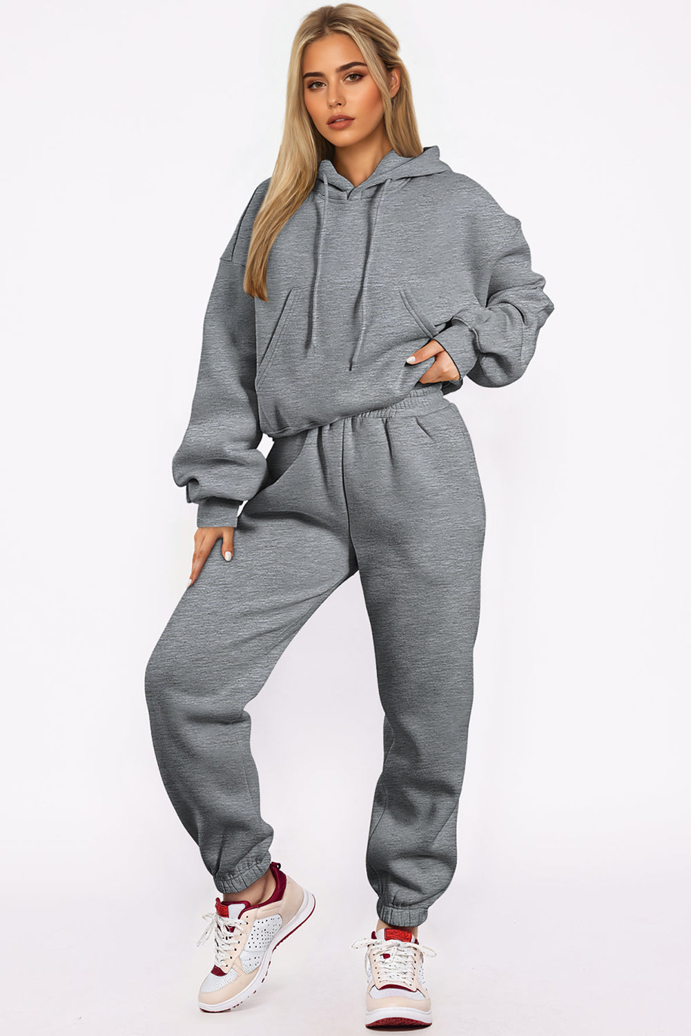 Gray Solid Drop Shoulder Hoodie and Joggers Activewear Set ClassiQ