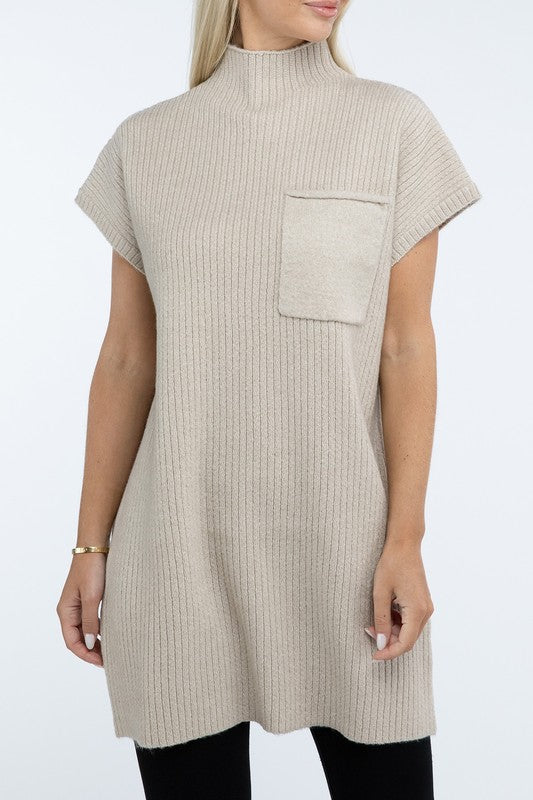Mock Neck Short Sleeve Sweater Dress with Pocket - Classique Collection