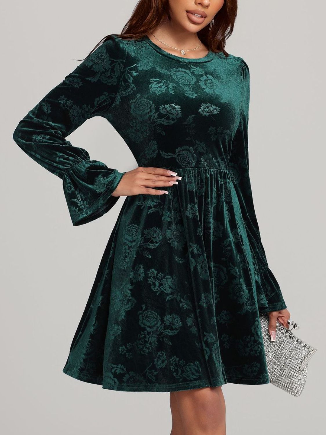 Tied Flower Print Round Neck Flounce Sleeve Dress - Classique Collection