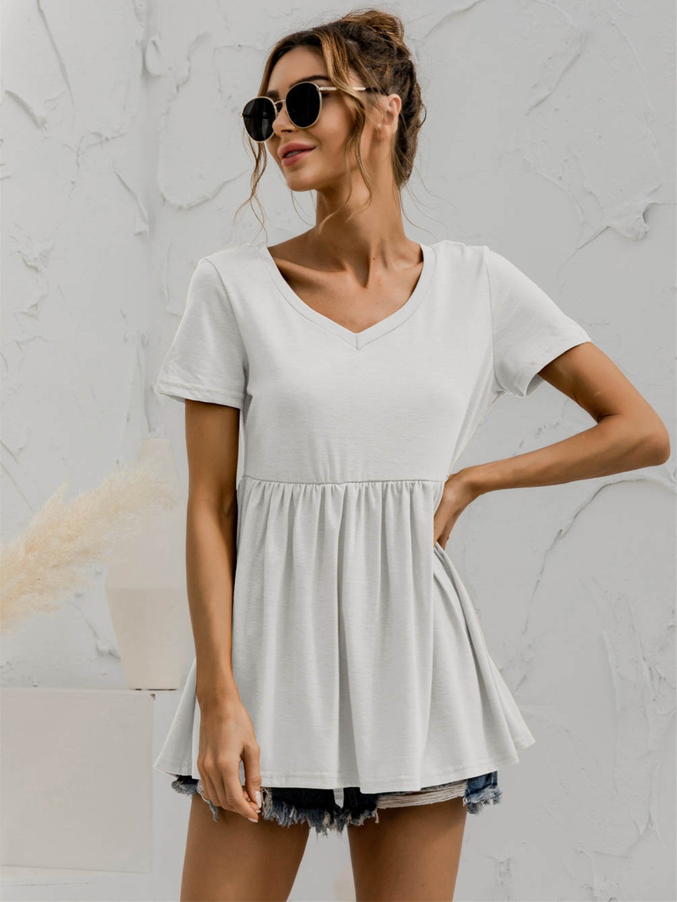 V-Neck Short Sleeve Babydoll Top - Classique Collection