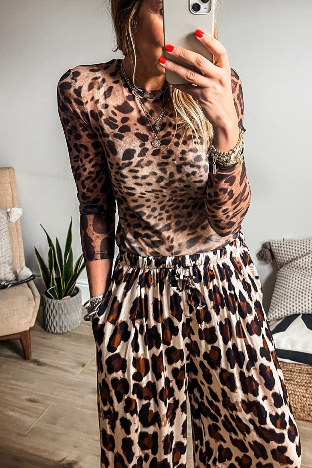 Leopard Round Neck Long Sleeve Blouse - Classique Collection