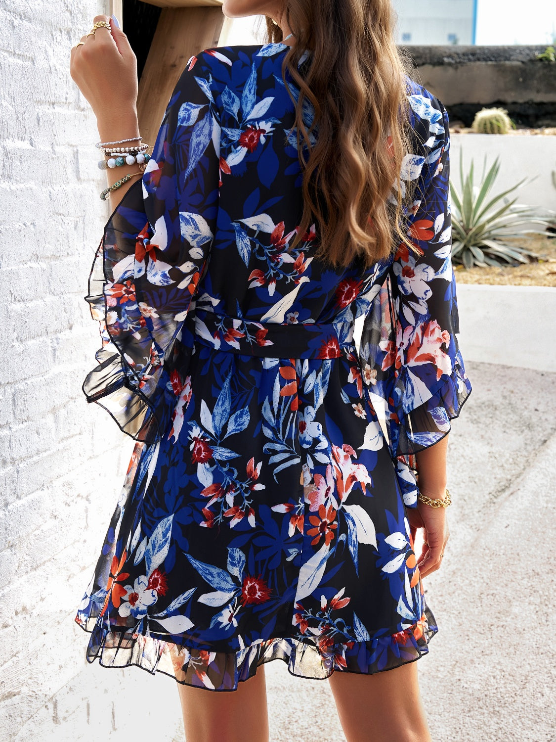 Devine Ruffled Printed Surplice Half Sleeve Mini Dress - Classique Collection