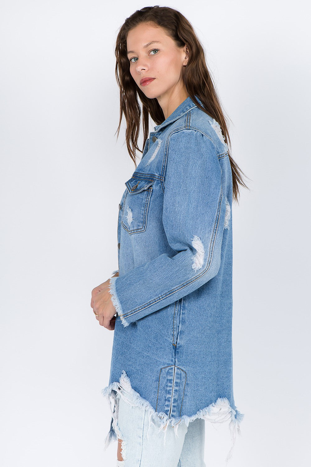 American Bazi Distressed Frayed Hem Denim Jacket - ClassiQ