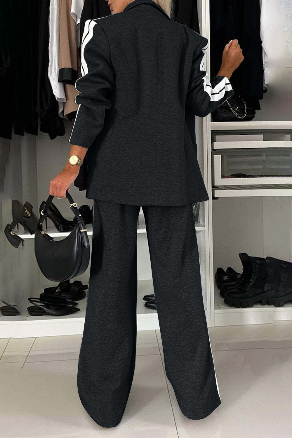 Full Size Contrast Lapel Collar Top and Pants Set - ClassiQ