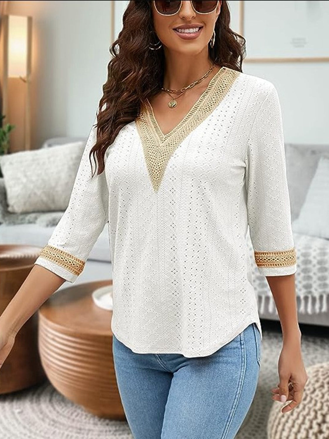 V-Neck Eyelet Blouse - Classique Collection