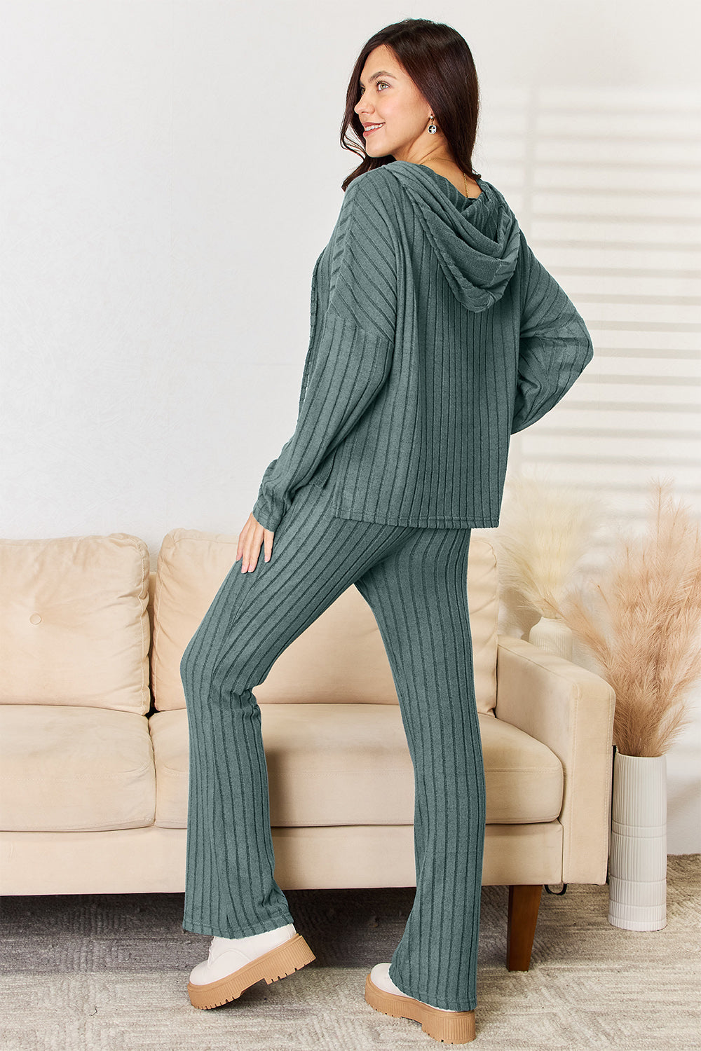 Basic Bae Full Size Ribbed Drawstring Hooded Top and Straight Pants Set - ClassiQ