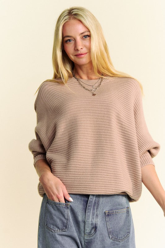 Davi & Dani Round Neck Batwing Sleeve Sweater - ClassiQ