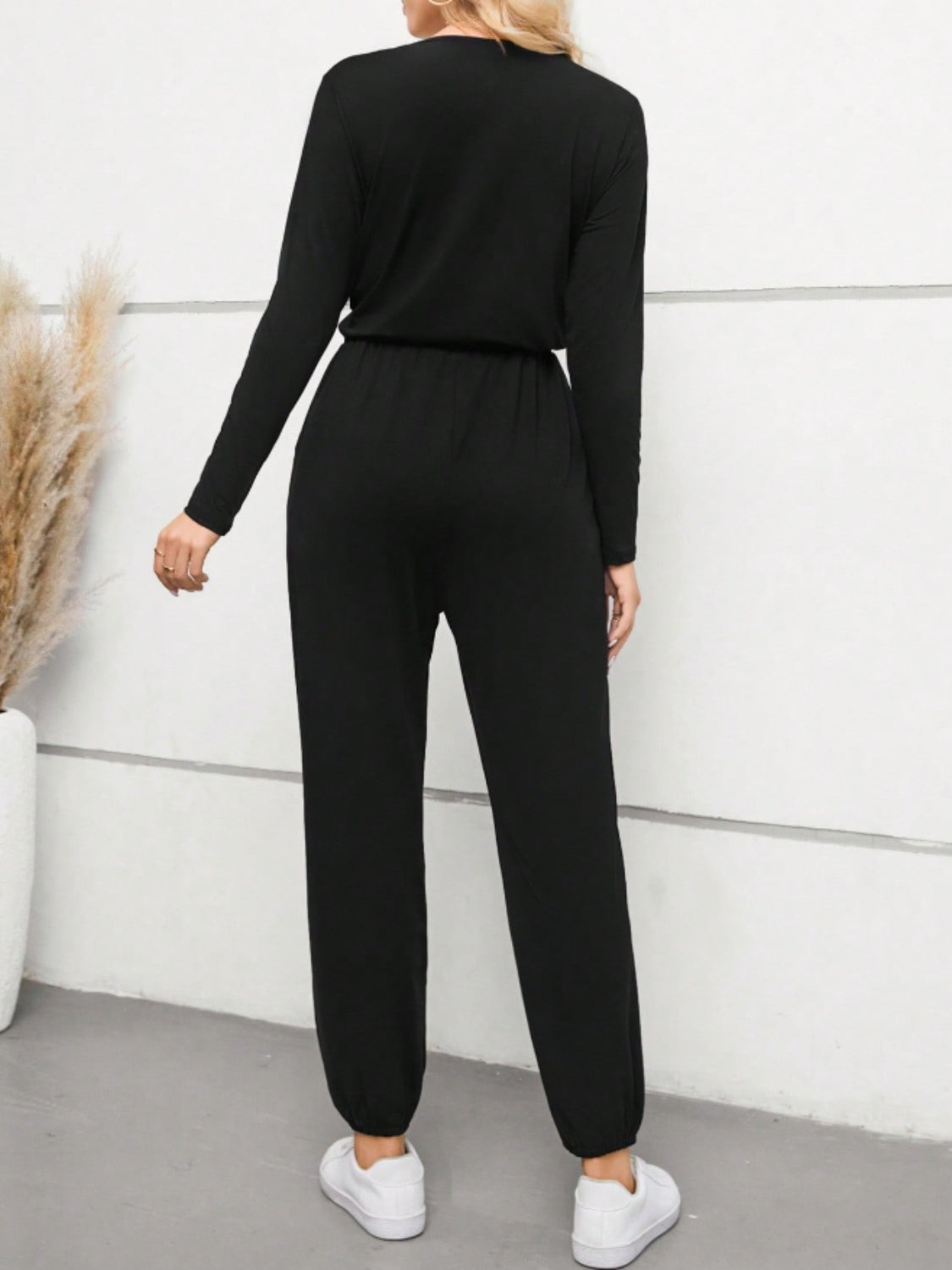 Surplice Tie Waist Long Sleeve Jumpsuit - ClassiQ
