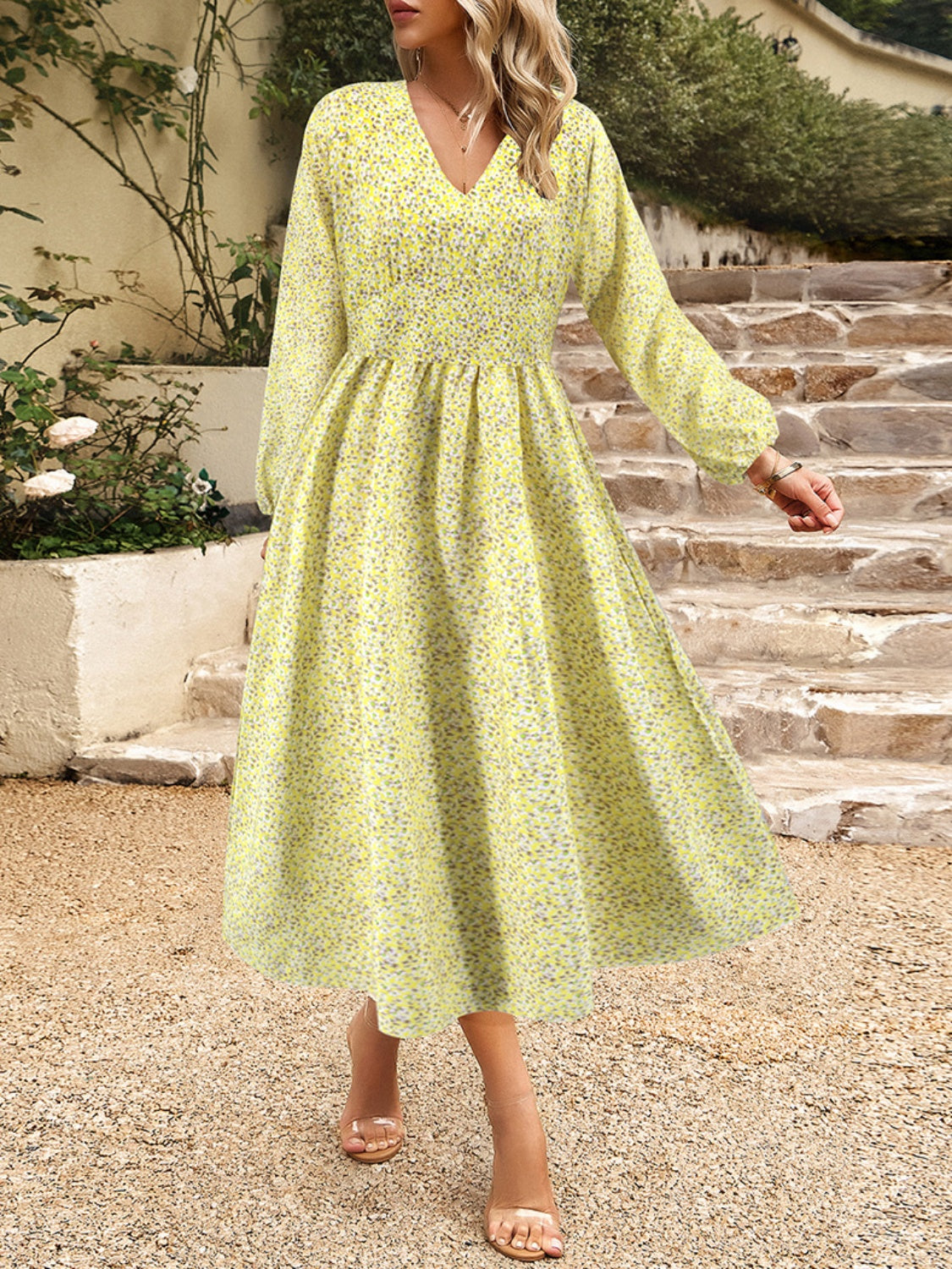 Floral V-Neck Long Sleeve Midi Dress - Classique Collection