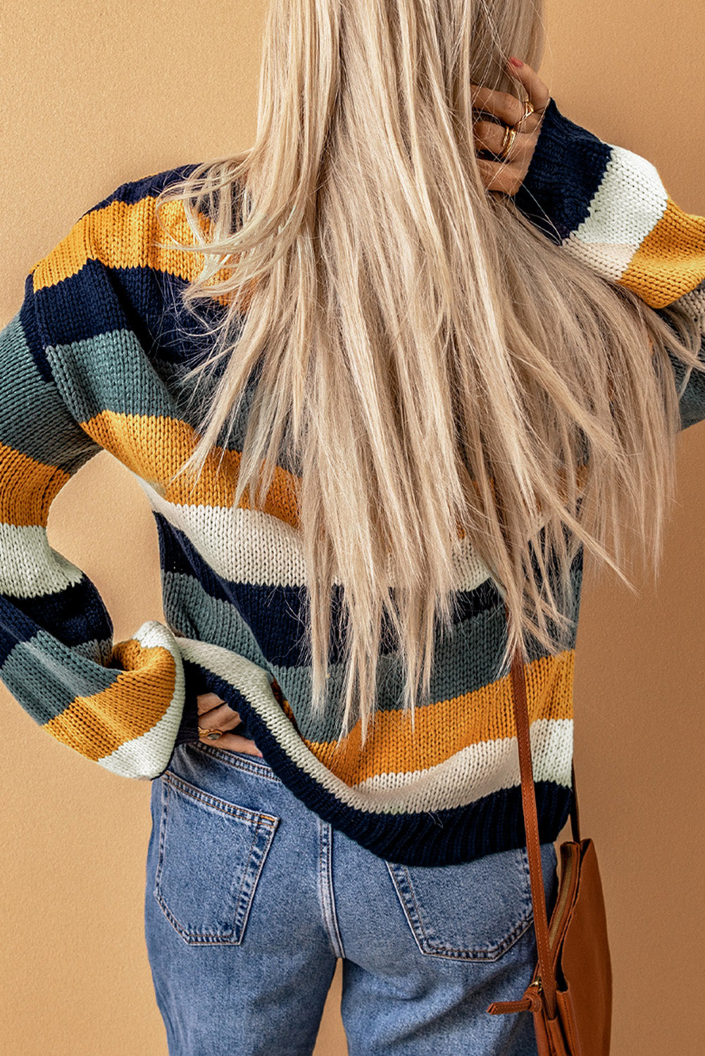 Color Block Round Neck Dropped Shoulder Sweater - ClassiQ