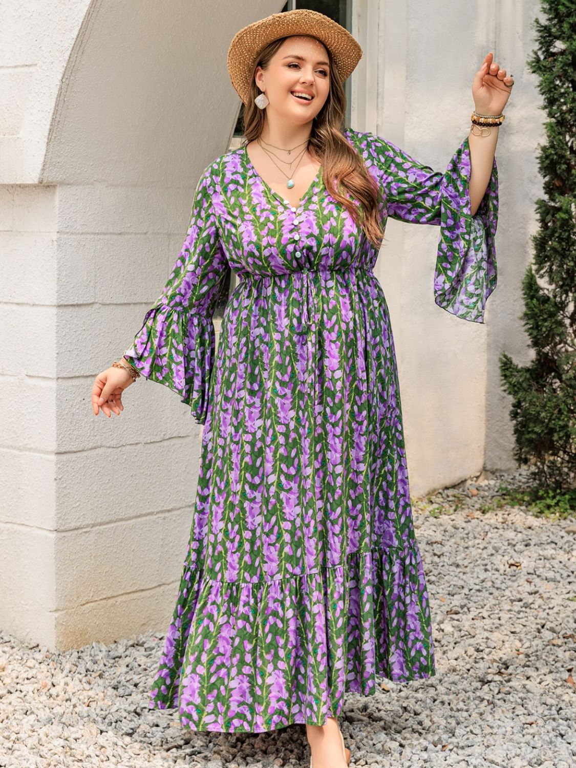 Plus Size Printed V-Neck Long Sleeve Maxi Dress - Classique Collection