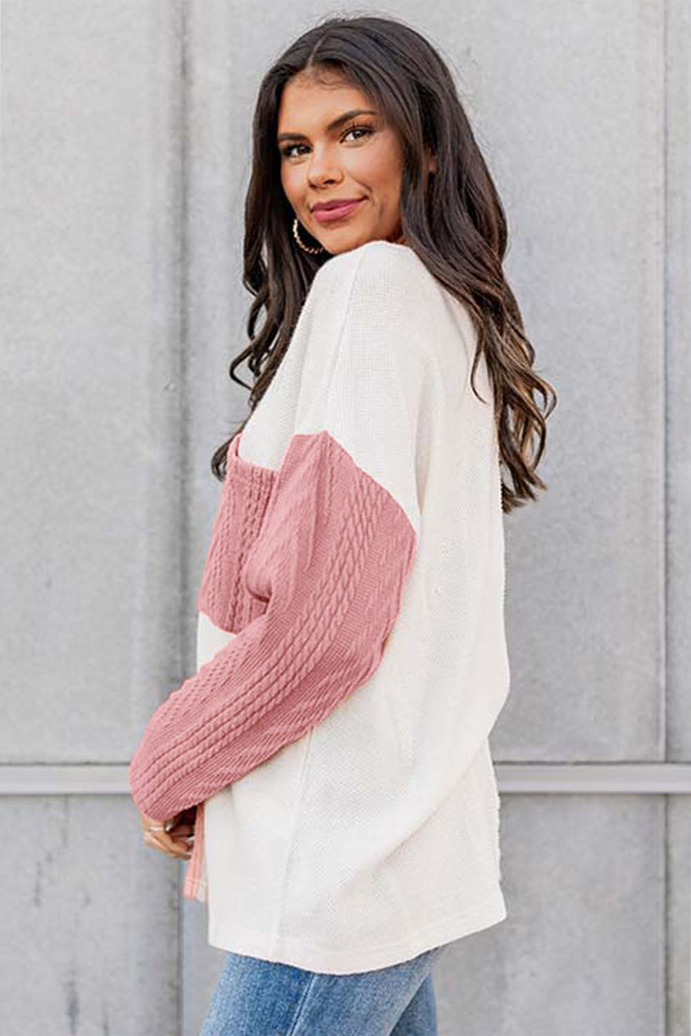 Full Size Color Block Cable-Knit Tops - Classique Collection