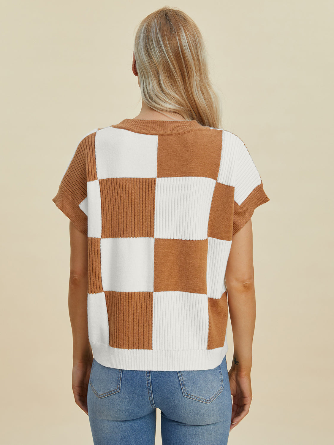 Double Take Full Size Checkered Round Neck Short Sleeve Sweater - ClassiQ