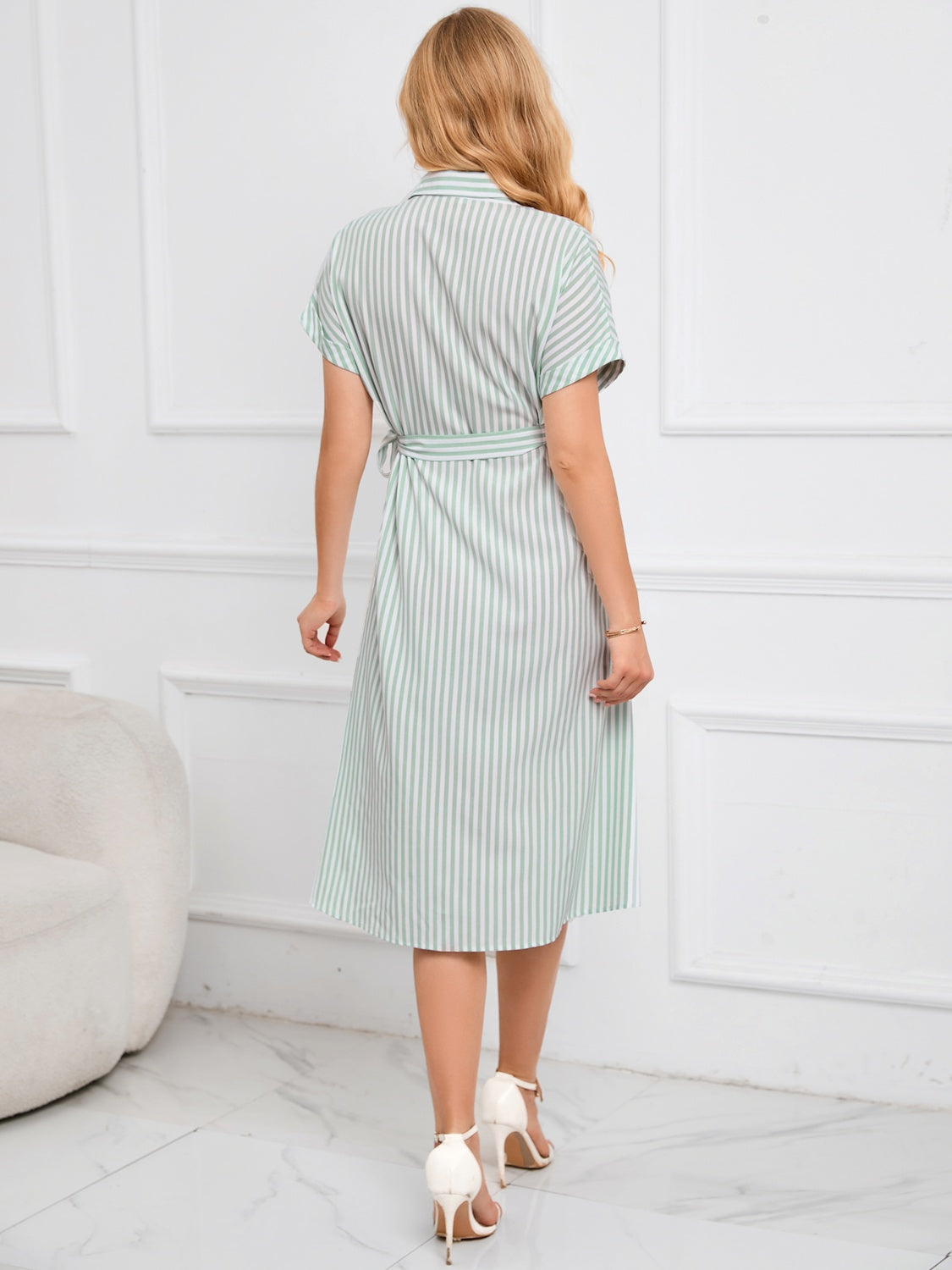 Striped Short Sleeve Tie Waist Midi Dress - Classique Collection