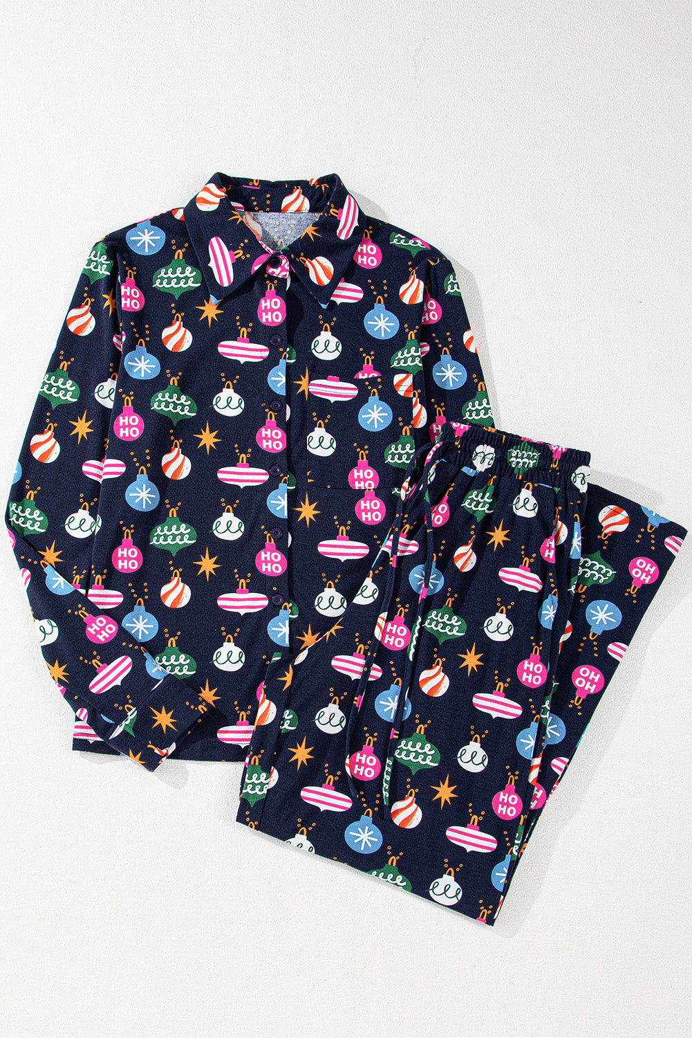 Christmas Lights Print Collared Neck Top and Pants Set - ClassiQ