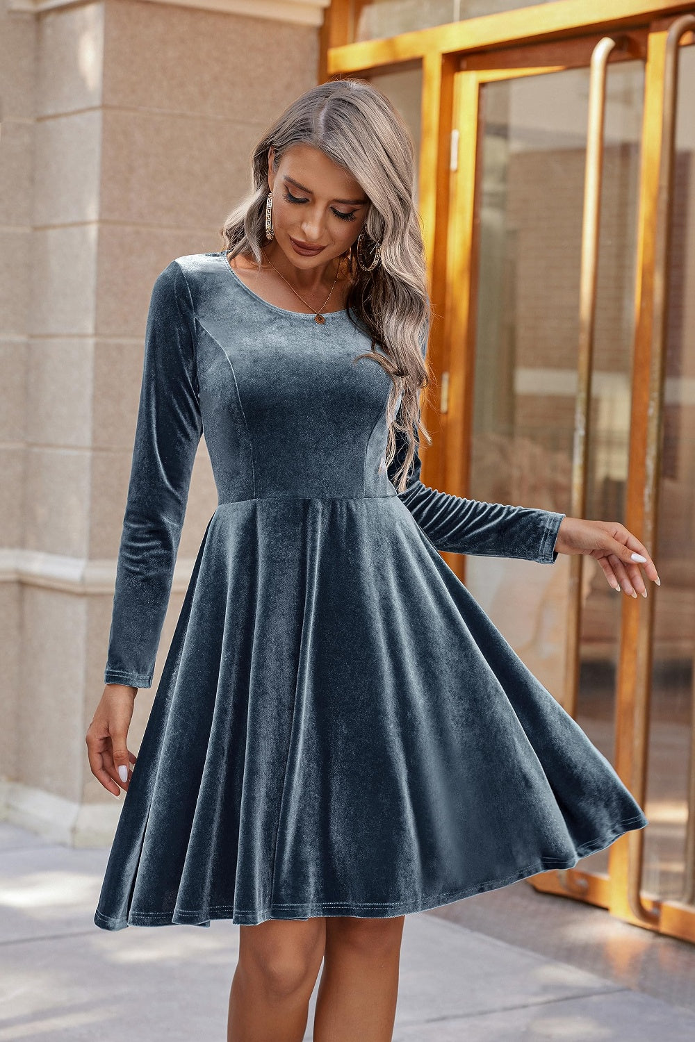 Round Neck Long Sleeve Knee Length Dress - Classique Collection