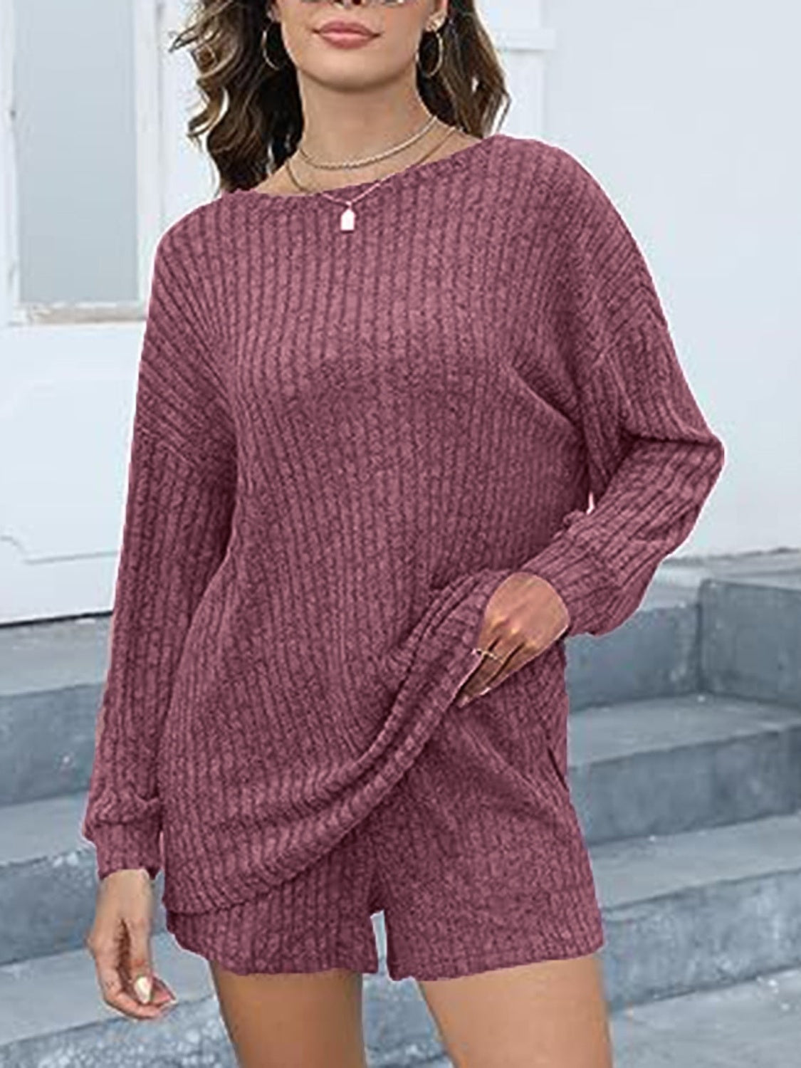 Round Neck Dropped Shoulder Top and Shorts Set - ClassiQ