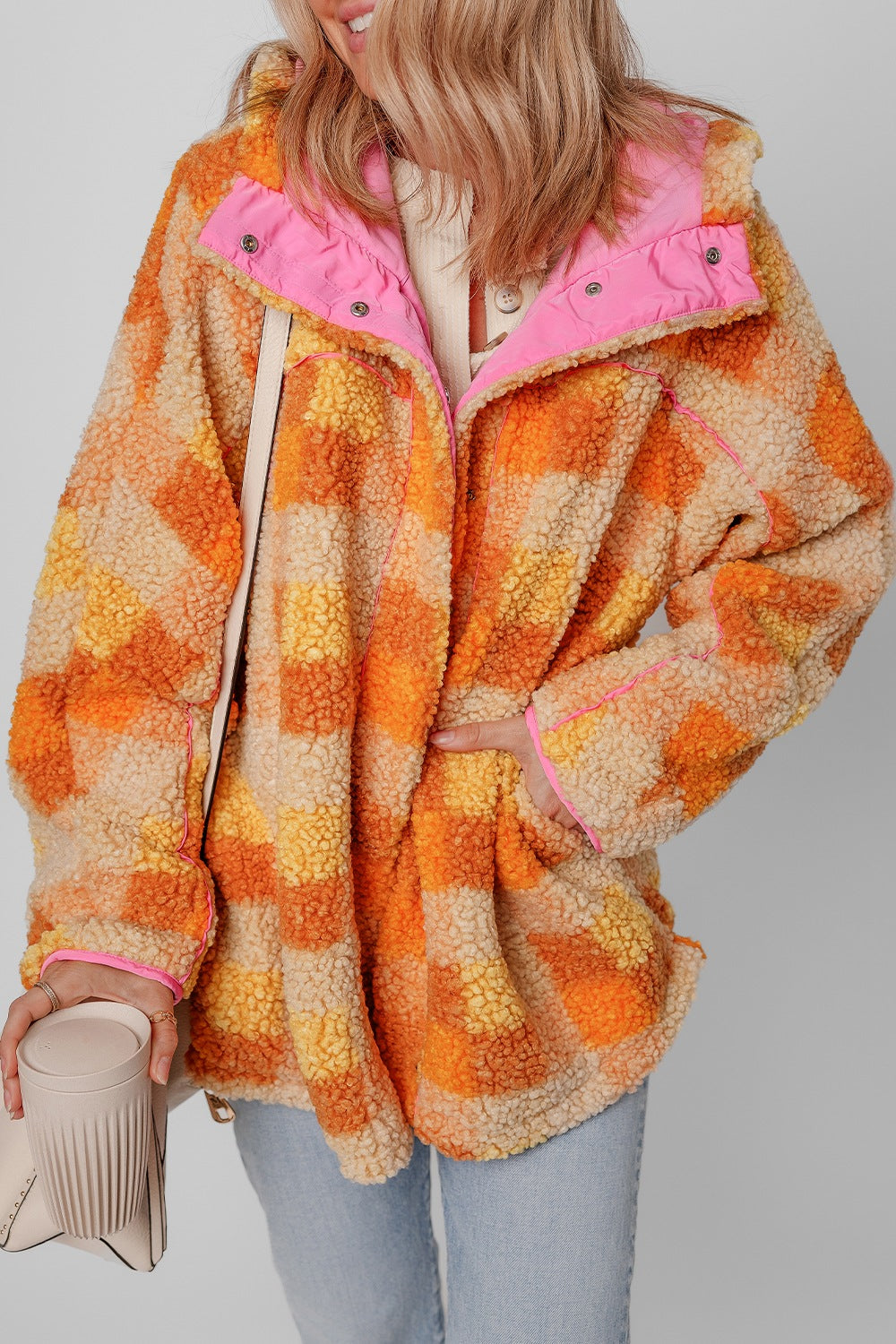 Checkered Long Sleeve Sherpa Hooded Jacket - Classique Collection