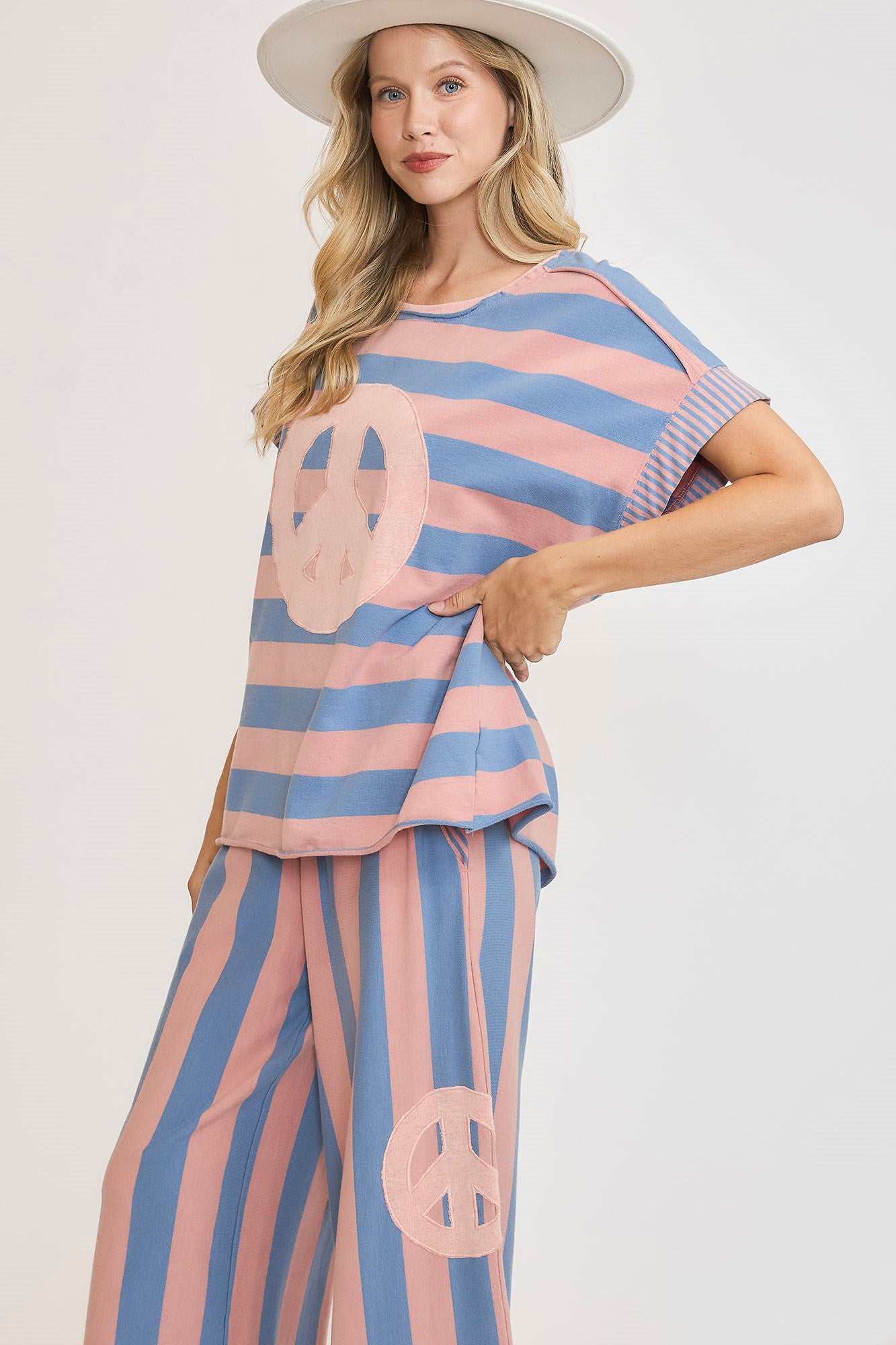 Umgee Peace Sign Patch Striped French Terry T-Shirt - Classique Collection