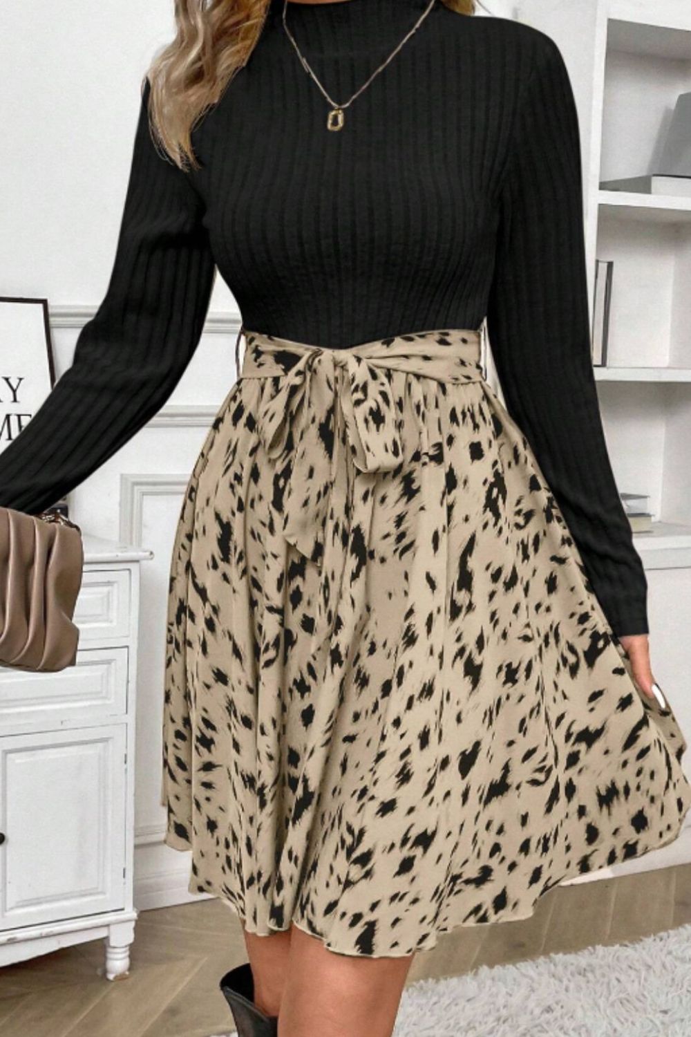 Printed Tie Waist Mock Neck Long Sleeve Dress - Classique Collection
