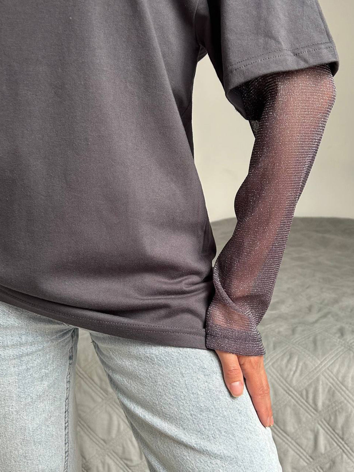 Faux Layered Round Neck Mesh Sleeve Top - Classique Collection