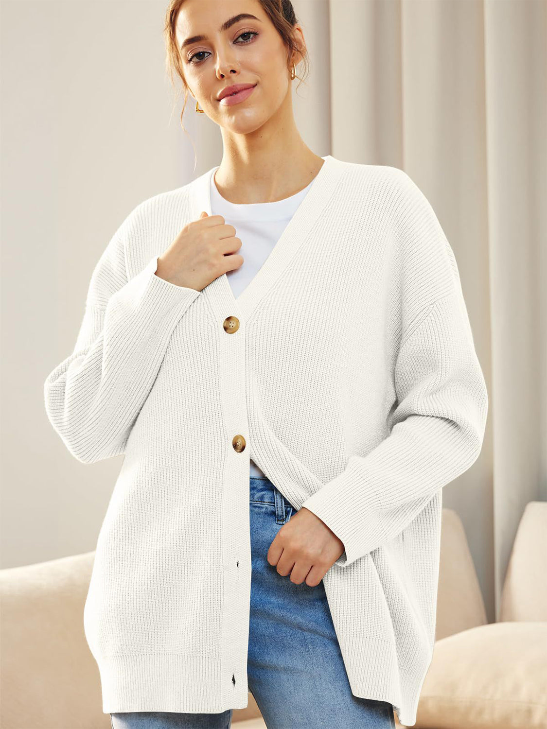 Button Down V-Neck Long Sleeve Cardigan - ClassiQ