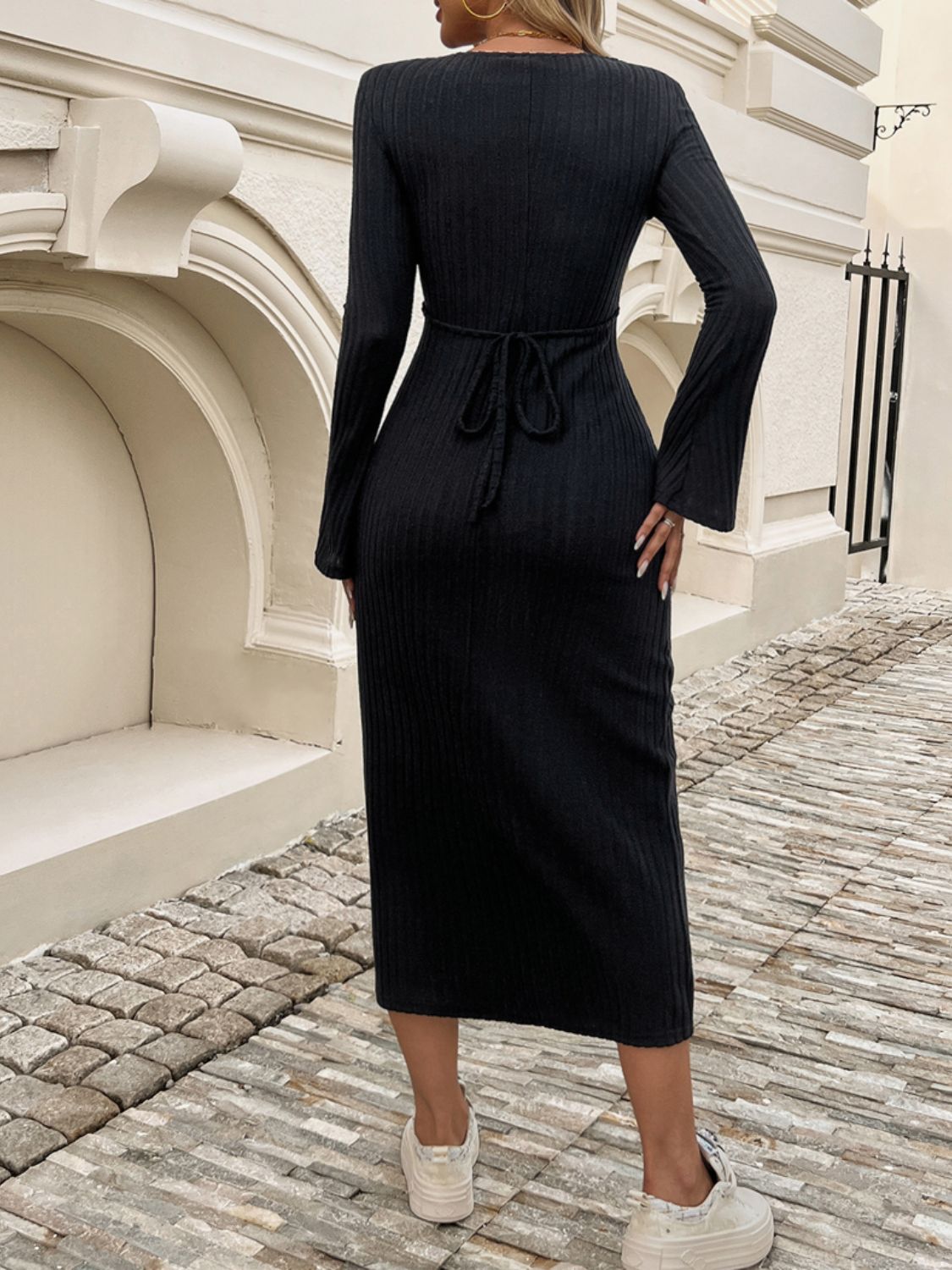 Devine Tied V-Neck Long Sleeve Sweater Dress - Classique Collection