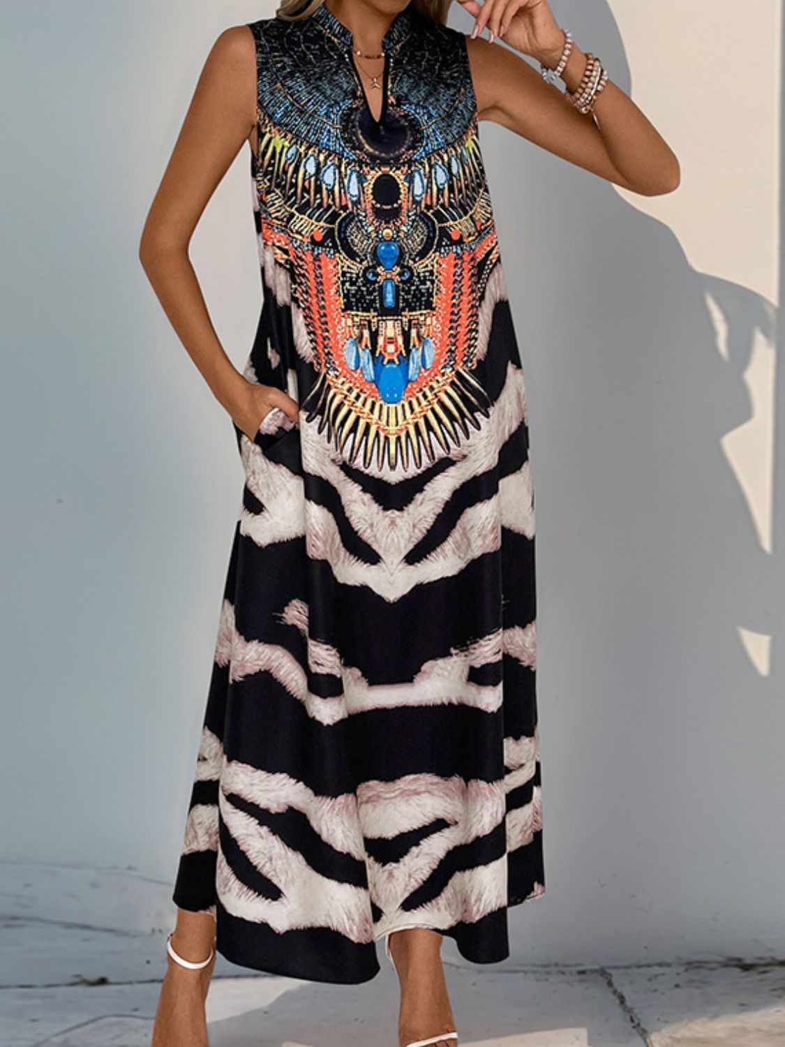 Perfee Printed Notched Sleeveless Dress - Classique Collection