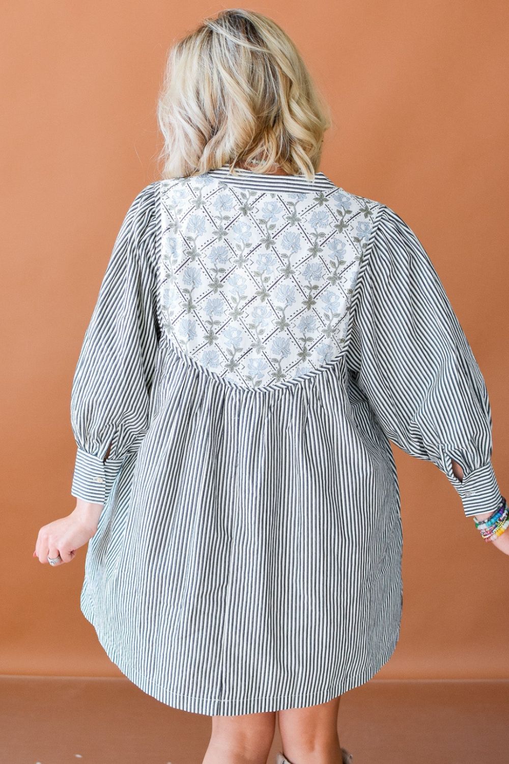 Tied Floral Printed Striped Long Sleeve Dress - Classique Collection