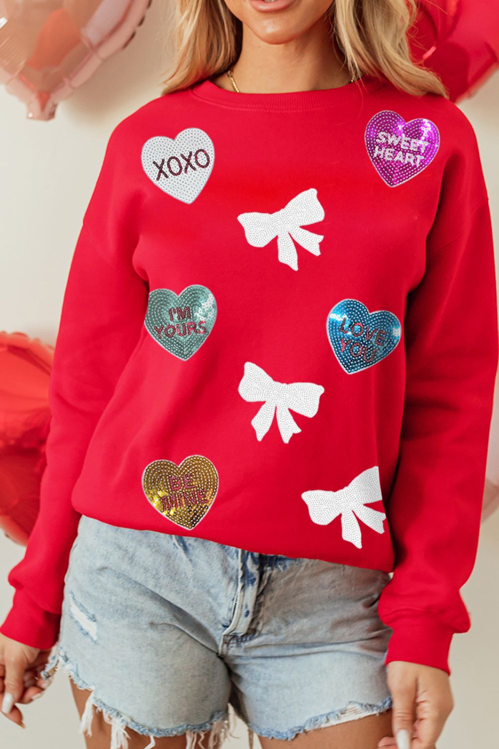 Valentine’s Day Sequin Bow Heart Round Neck Sweatshirt - Classique Collection