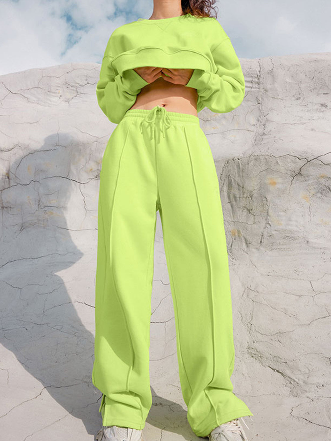 Round Neck Long Sleeve Top and Elastic Waist Pants Set - ClassiQ