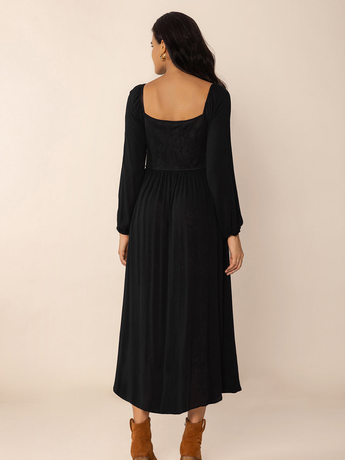 Lace-Up Square Neck Long Sleeve Midi Dress - Classique Collection